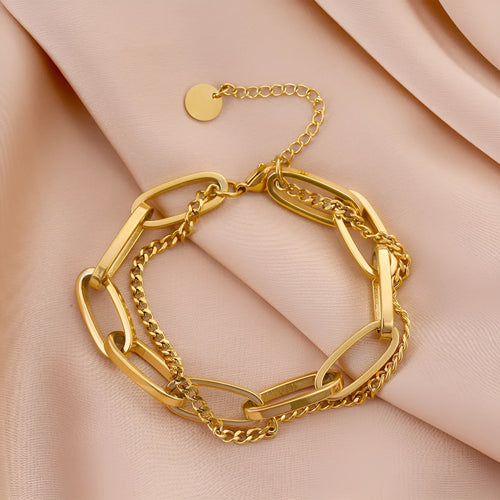 316L stainless steel double-layer chain bracelet in gold geometric design for women hip-hop style