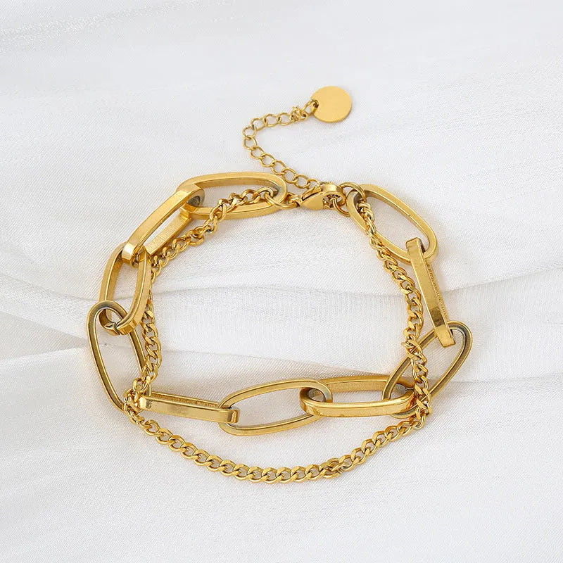 316L stainless steel double-layer chain bracelet in gold geometric design for women hip-hop style