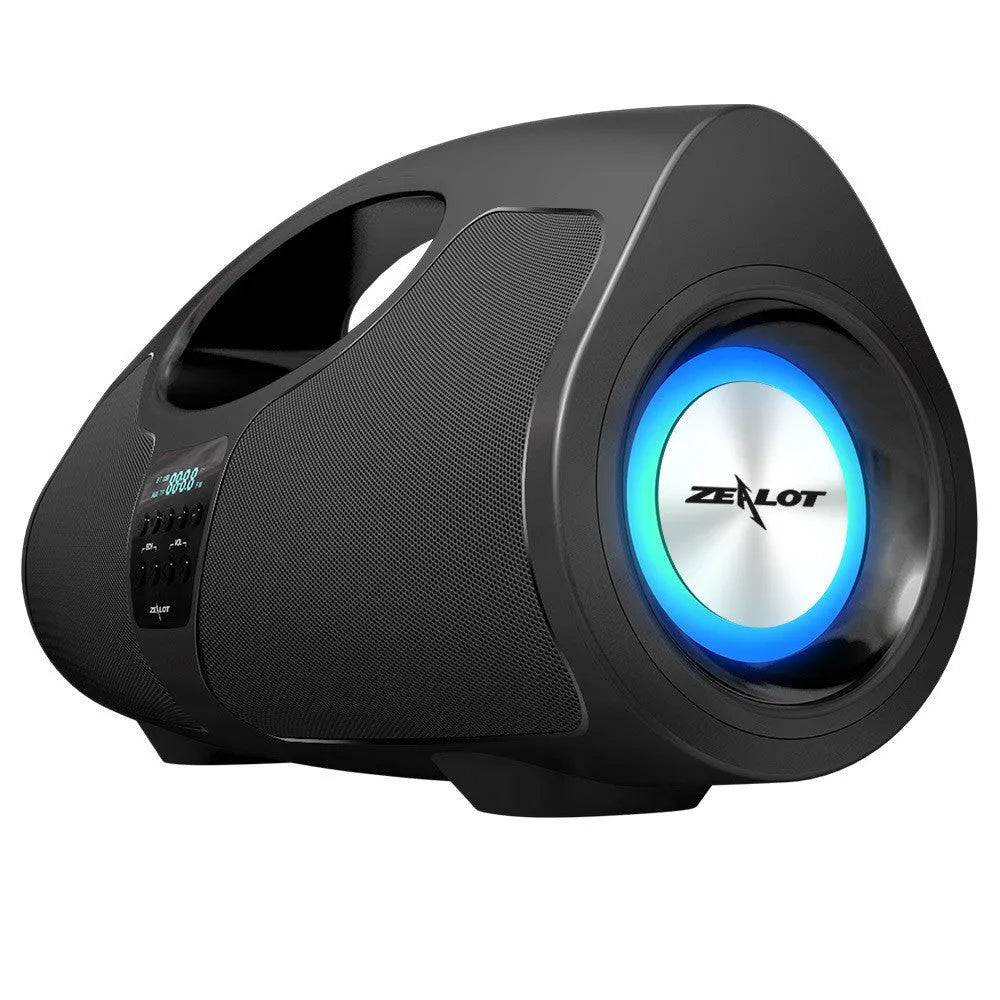 Black Bluetooth portable speaker with wired microphone and subwoofer for karaoke and group events