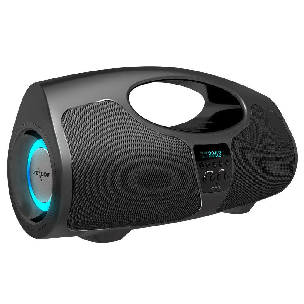 Black Bluetooth portable speaker with wired microphone and subwoofer for karaoke and group events