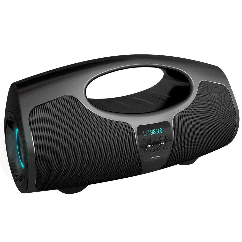 Black Bluetooth portable speaker with wired microphone and subwoofer for karaoke and group events
