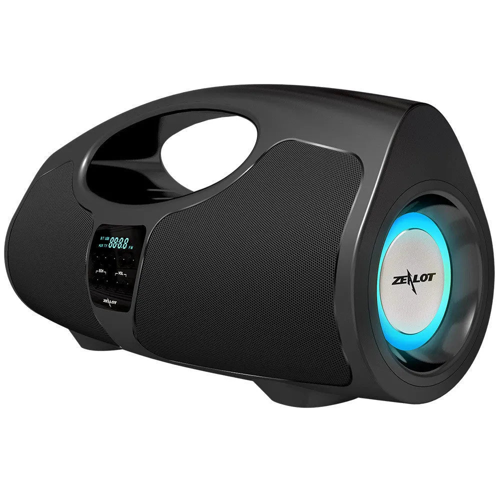 Black Bluetooth portable speaker with wired microphone and subwoofer for karaoke and group events
