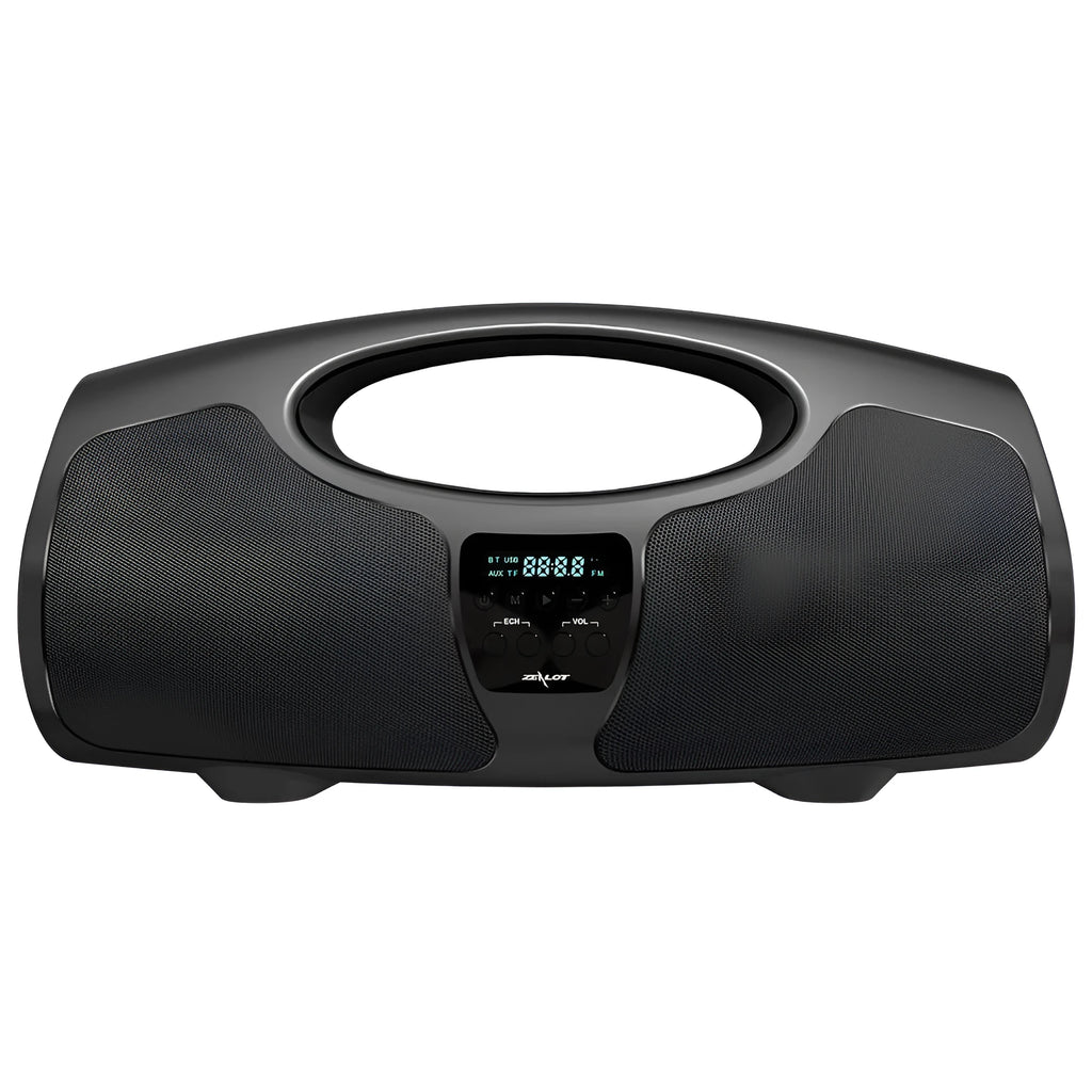 Black Bluetooth portable speaker with wired microphone and subwoofer for karaoke and group events