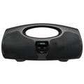 Black Bluetooth portable speaker with wired microphone and subwoofer for karaoke and group events