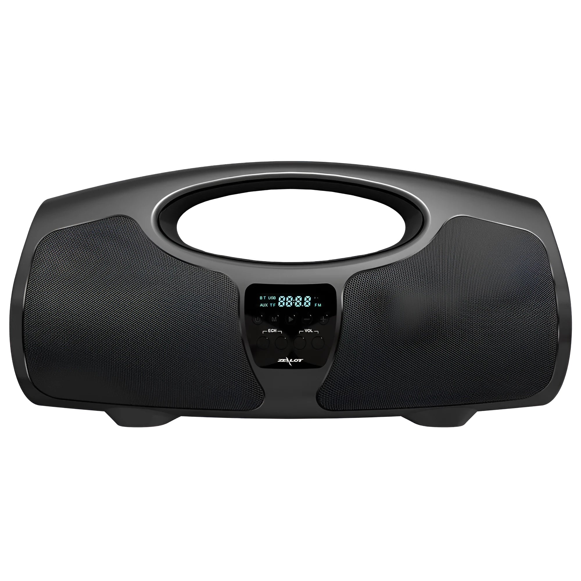 Black Bluetooth portable speaker with wired microphone and subwoofer for karaoke and group events