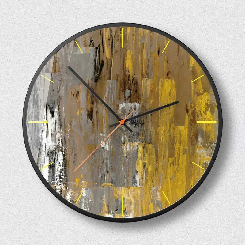 Round abstract art wall clock with a black metal frame and a patterned dial.