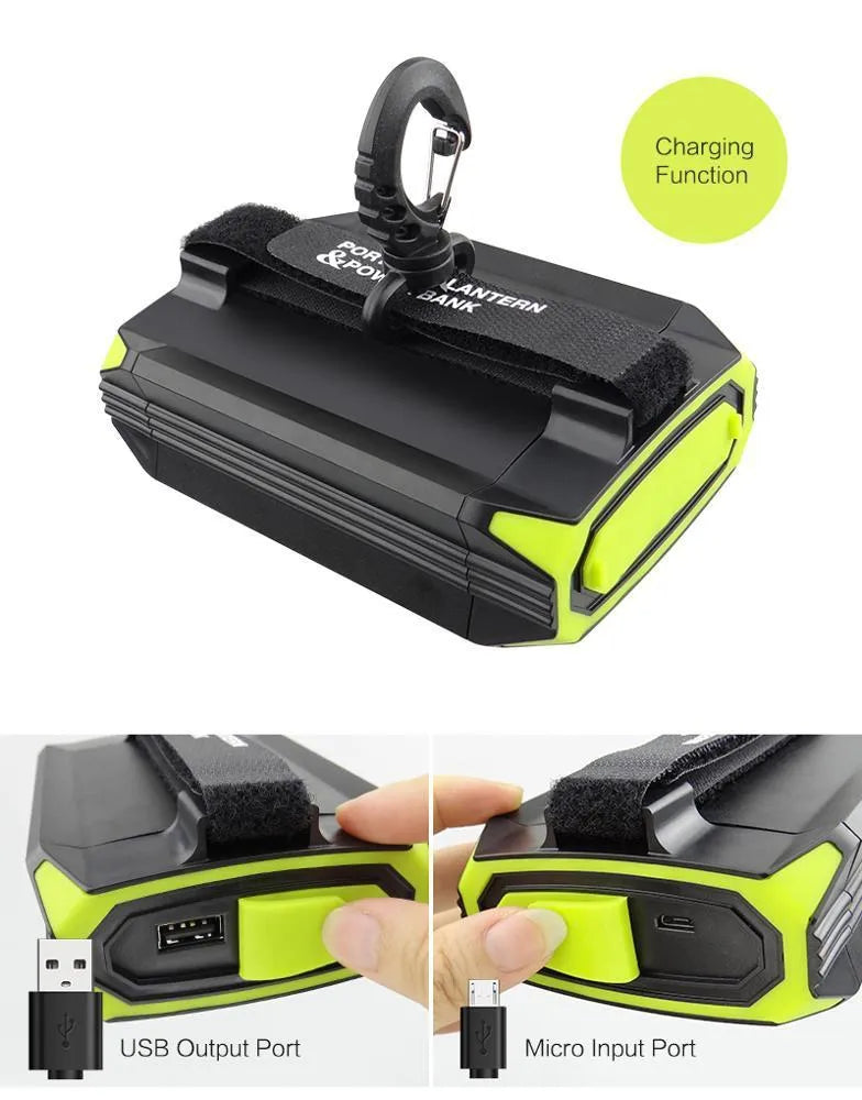 Green aluminium alloy and ABS plastic rechargeable camping light with dimmer and USB power bank port