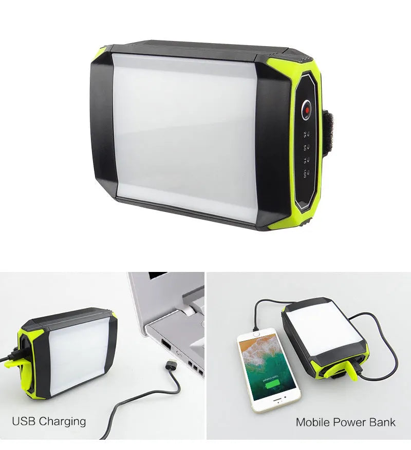Green aluminium alloy and ABS plastic rechargeable camping light with dimmer and USB power bank port