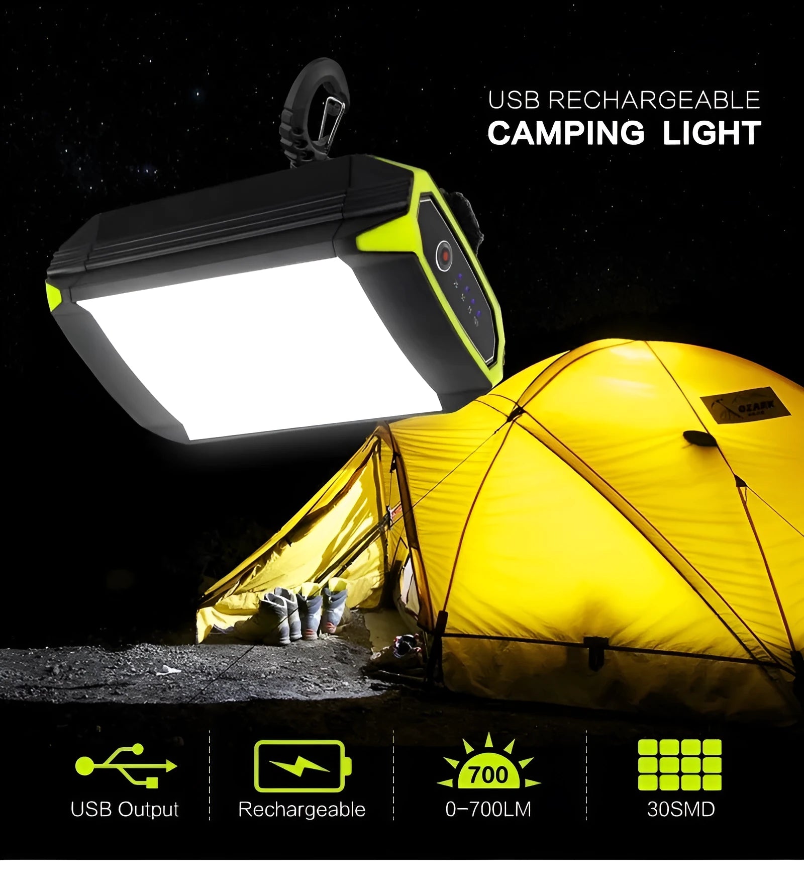 Green aluminium alloy and ABS plastic rechargeable camping light with dimmer and USB power bank port