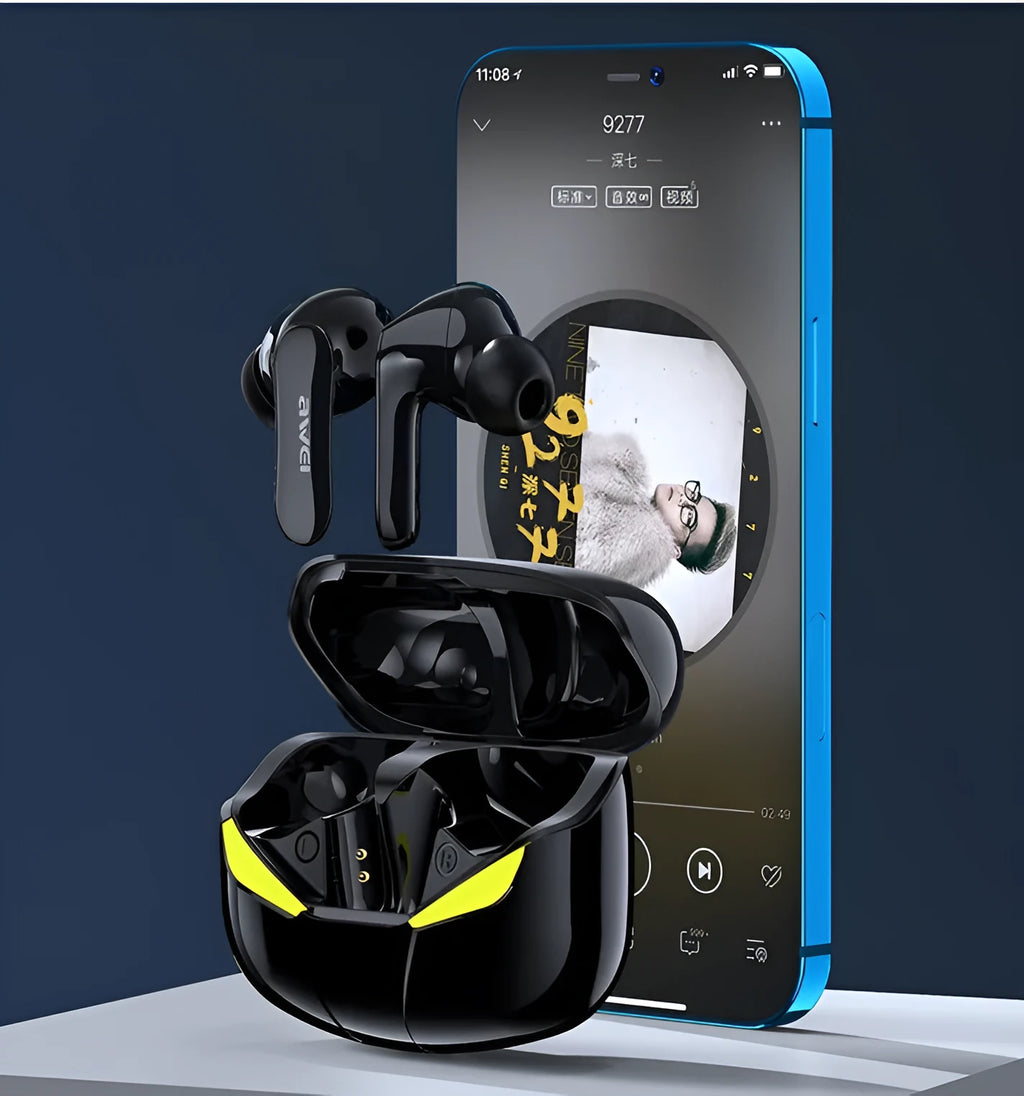 Black wireless Bluetooth gaming headset with earplug design showing 10 metre range and Bluetooth 5.0 features