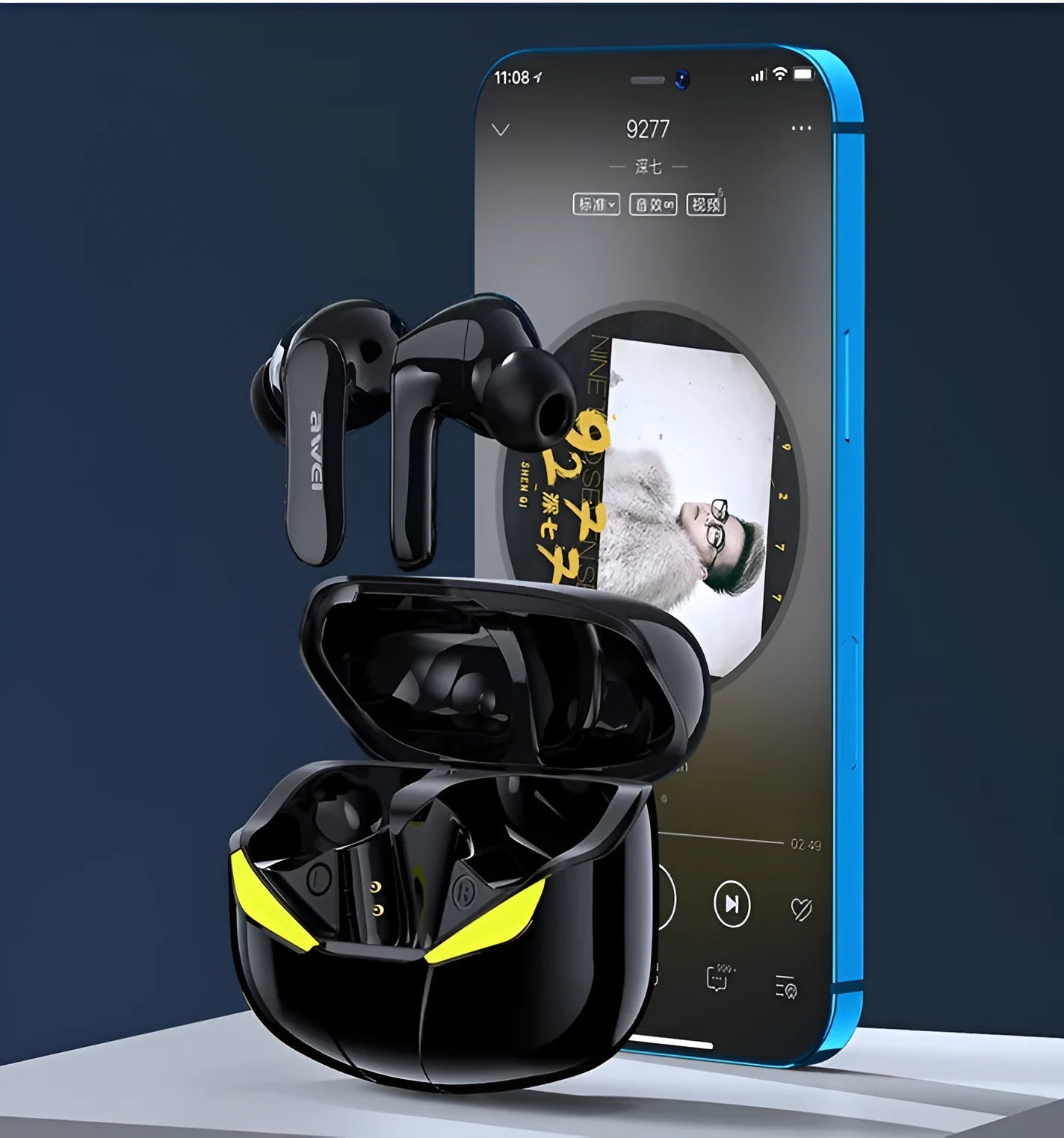 Black wireless Bluetooth gaming headset with earplug design showing 10 metre range and Bluetooth 5.0 features