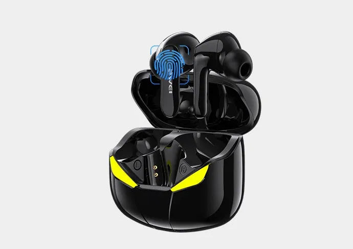 Black wireless Bluetooth gaming headset with earplug design showing 10 metre range and Bluetooth 5.0 features