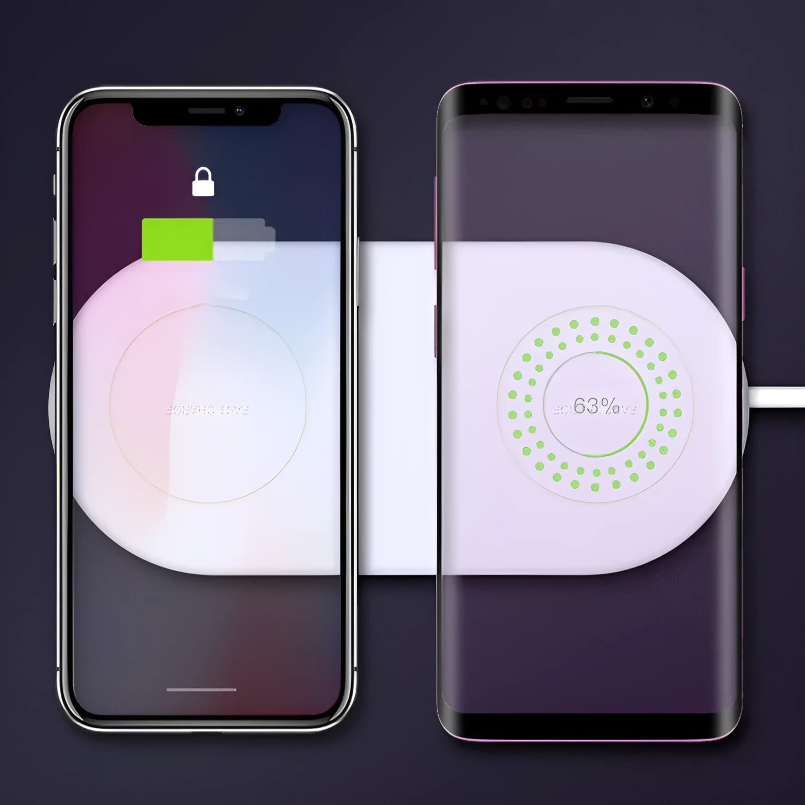 White dual wireless charging pad for two mobile phones on a table