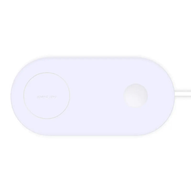 White dual wireless charging pad for two mobile phones on a table