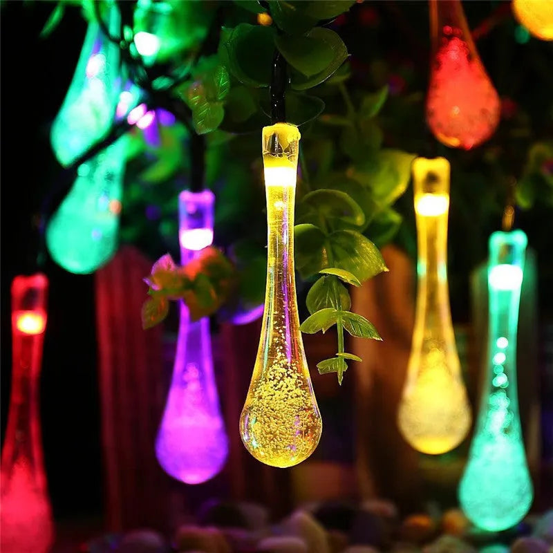 6.5-metre solar-powered LED water drop string lights with waterproof outdoor garden decoration