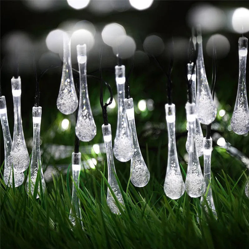 6.5-metre solar-powered LED water drop string lights with waterproof outdoor garden decoration