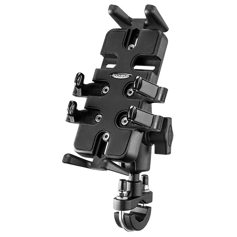 Black nylon U-shaped handlebar motorcycle bicycle phone navigation bracket showing universal mount design