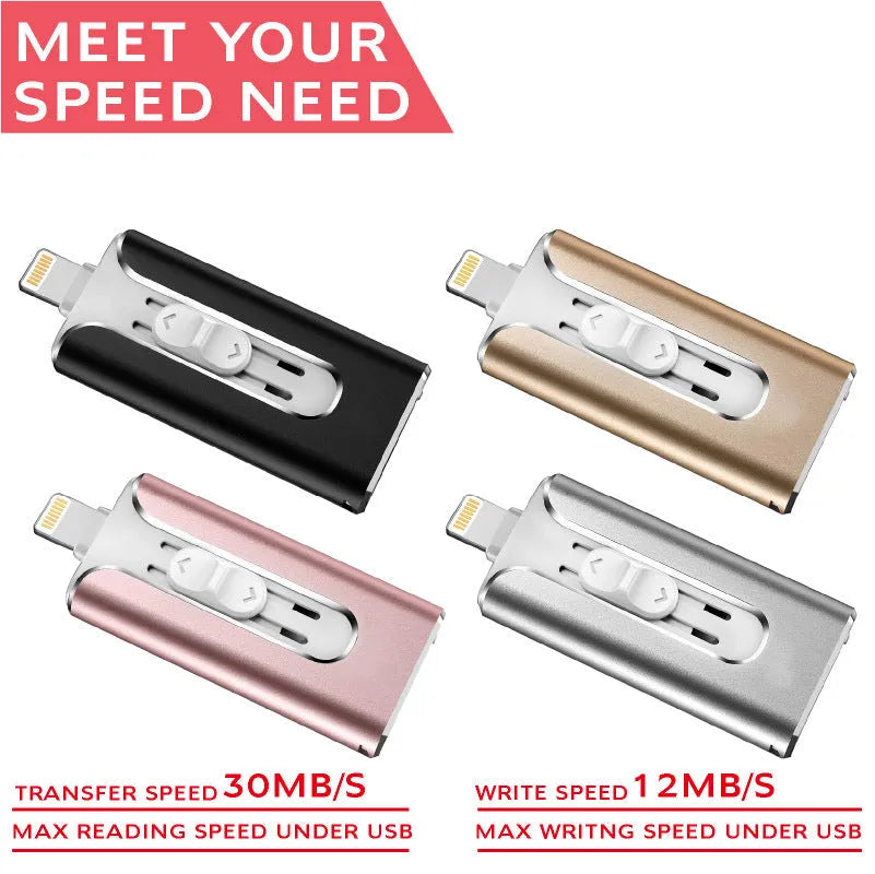 Metal triple-interface USB flash drive with USB-A and Lightning connectors in black, silver, or gold.