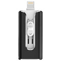 Metal triple-interface USB flash drive with USB-A and Lightning connectors in black, silver, or gold.