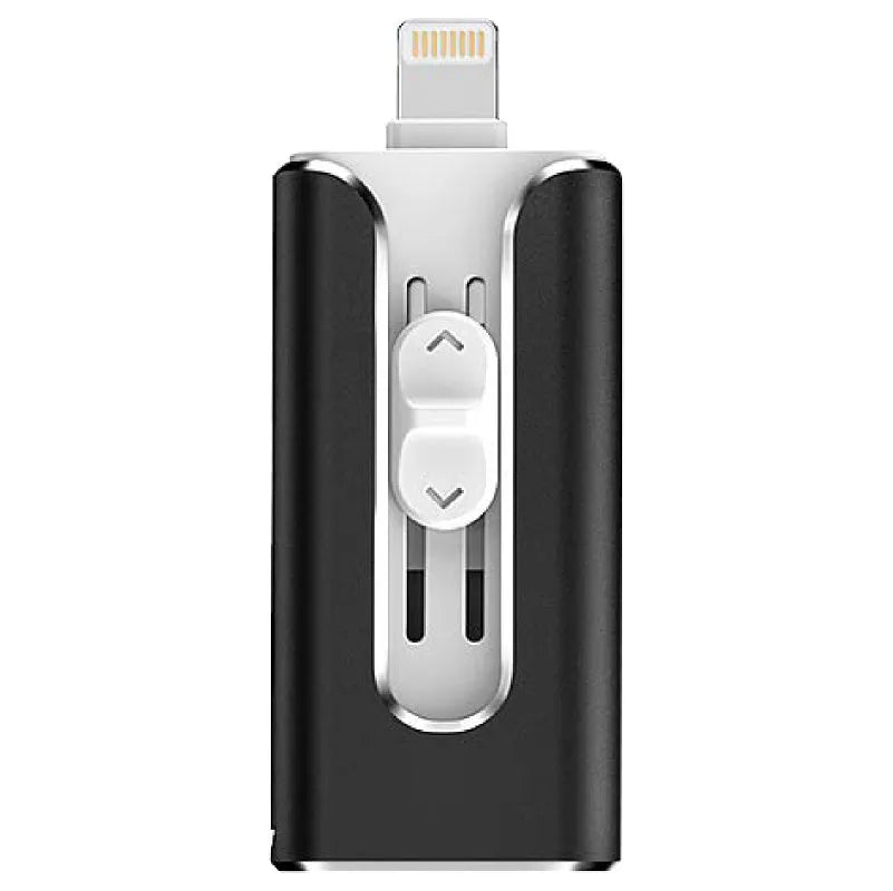 Metal triple-interface USB flash drive with USB-A and Lightning connectors in black, silver, or gold.