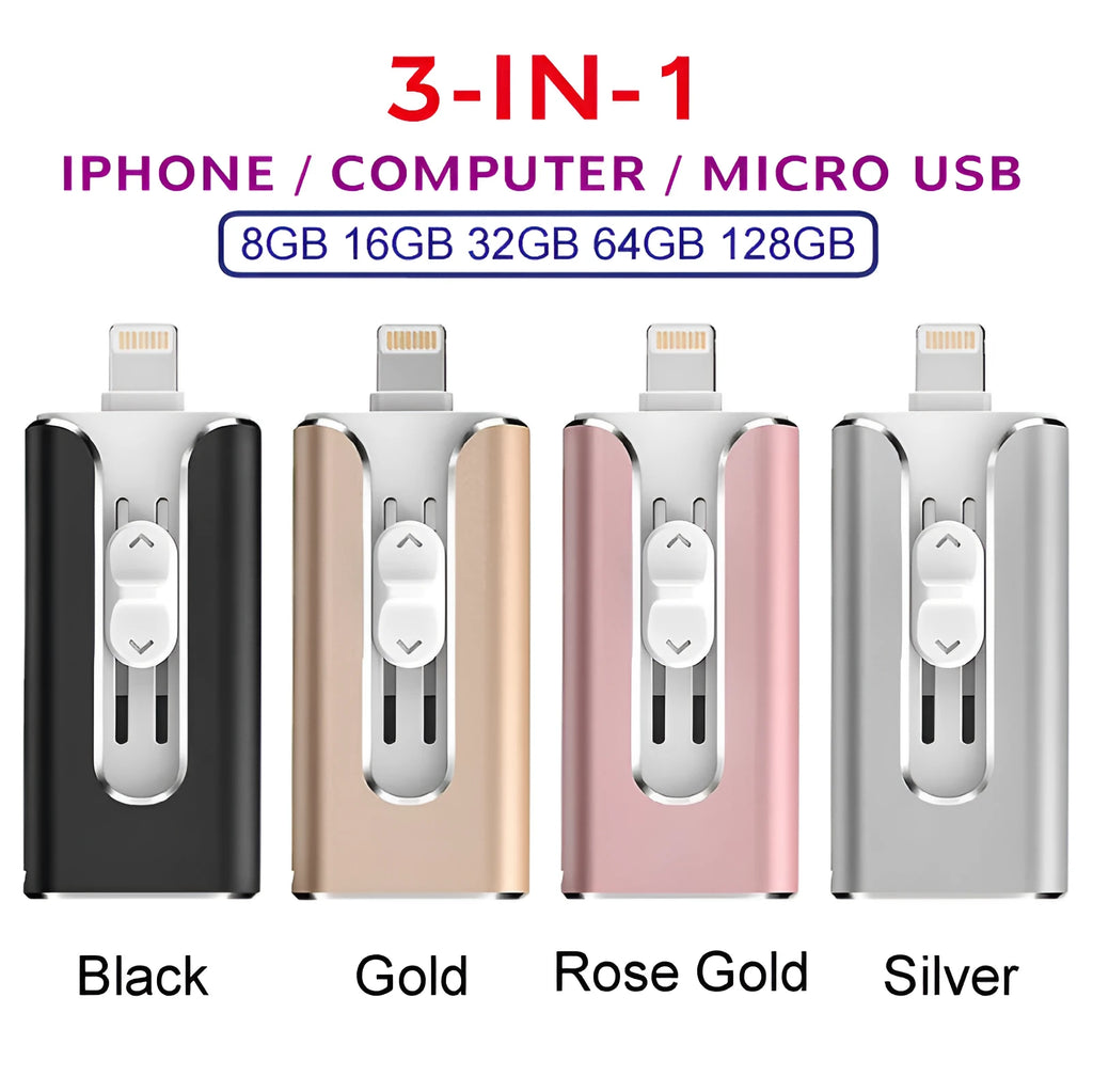 Metal triple-interface USB flash drive with USB-A and Lightning connectors in black, silver, or gold.