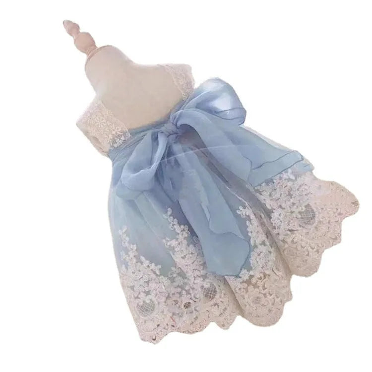 Ocean blue baby girl princess dress with lace detailing for birthdays and special occasions