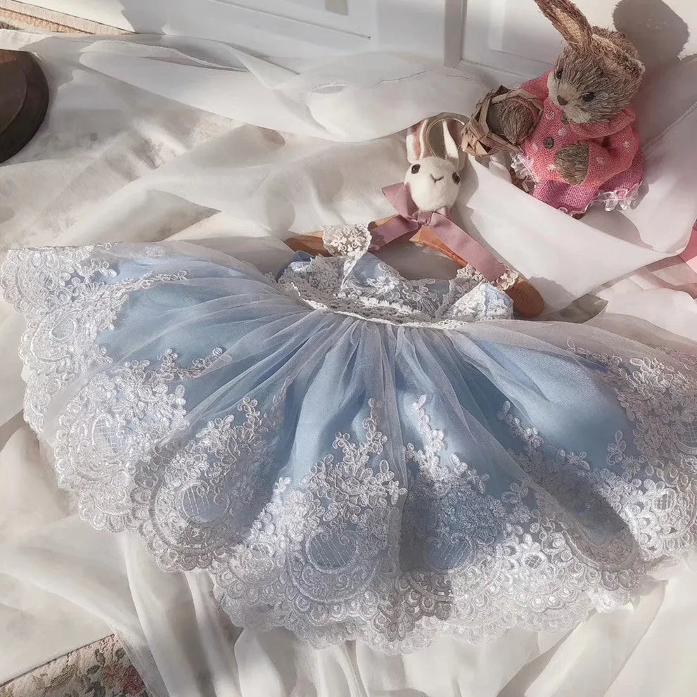 Ocean blue baby girl princess dress with lace detailing for birthdays and special occasions
