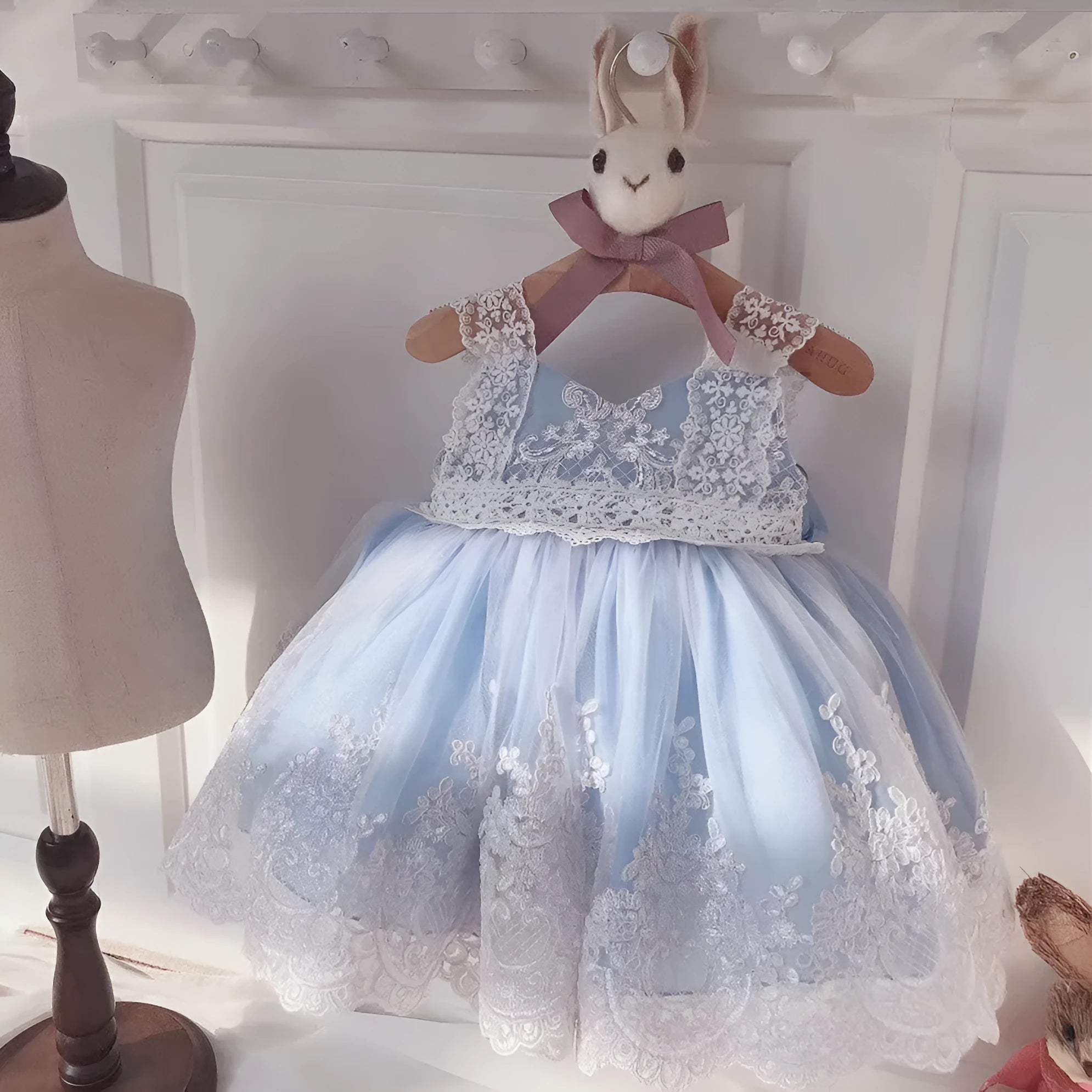 Ocean blue baby girl princess dress with lace detailing for birthdays and special occasions