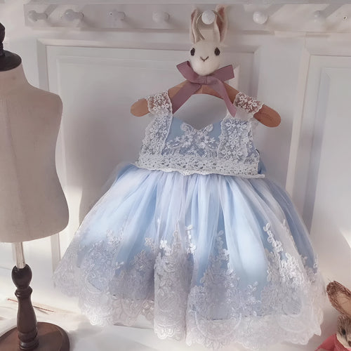 Ocean blue baby girl princess dress with lace detailing for birthdays and special occasions