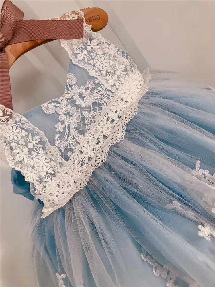 Ocean blue baby girl princess dress with lace detailing for birthdays and special occasions