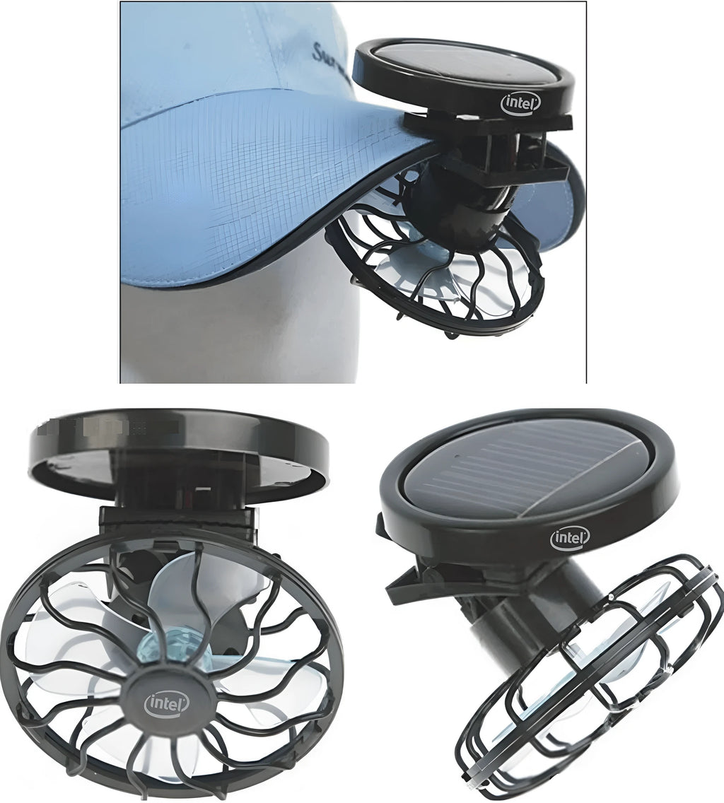 Black solar powered clip-on fan for outdoor camping and fishing cooling