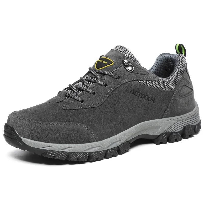 Men's large size hiking shoes in army green with low-cut design and mesh lining