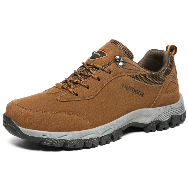Men's large size hiking shoes in army green with low-cut design and mesh lining