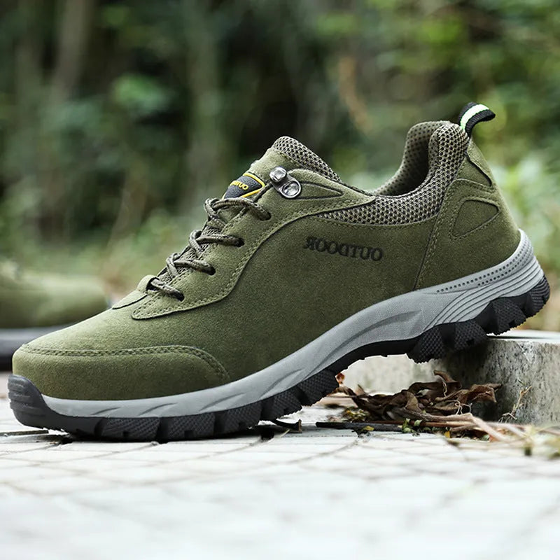 Men's large size hiking shoes in army green with low-cut design and mesh lining