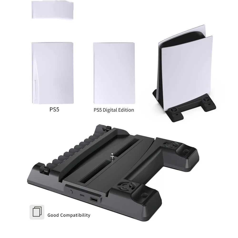 PS5 cooling fan and controller charging dock with disc storage slots, black colour