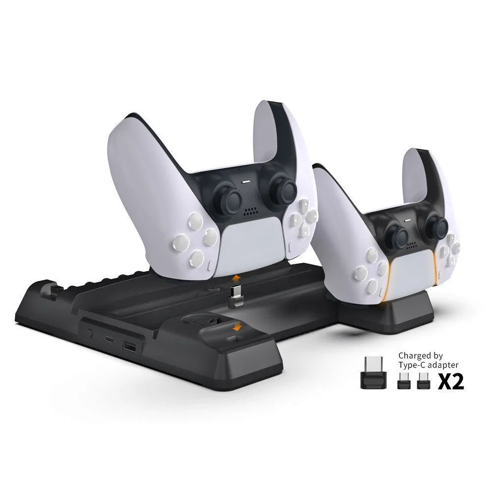 PS5 cooling fan and controller charging dock with disc storage slots, black colour
