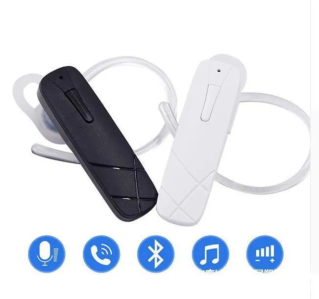 Black and white wireless Bluetooth earphone headset with in-ear design.