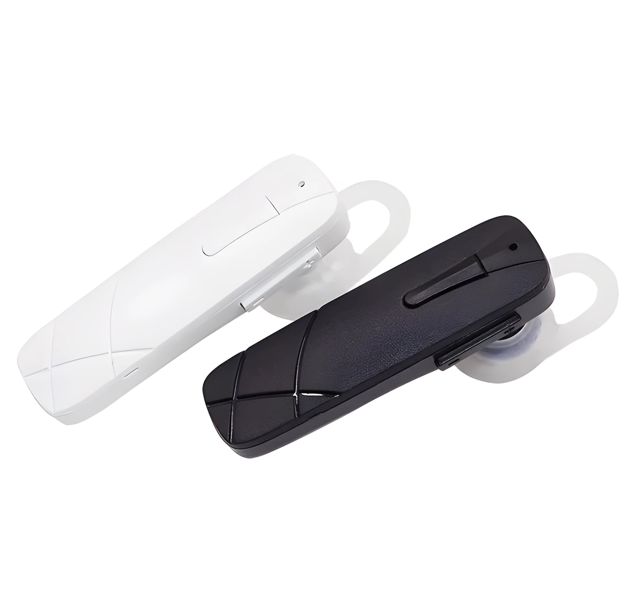 Black and white wireless Bluetooth earphone headset with in-ear design.