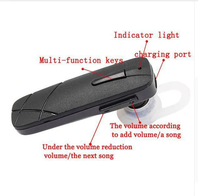 Black and white wireless Bluetooth earphone headset with in-ear design.