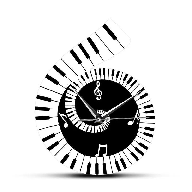 Black and white irregular shape wall clock decorated with treble clef symbol and piano keyboard graphic