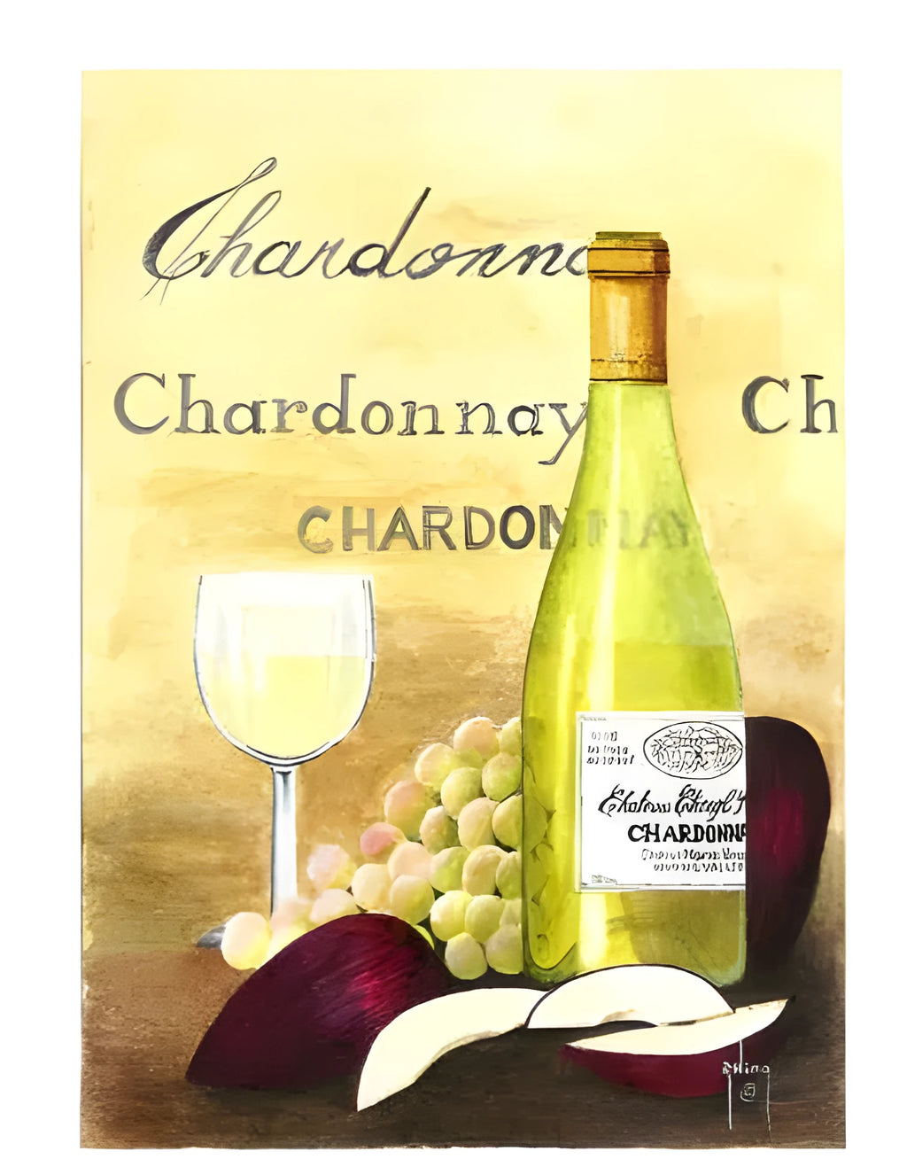 Apple And Chardonnay DIY digital painting by numbers kit with linen canvas, paints, and brushes.