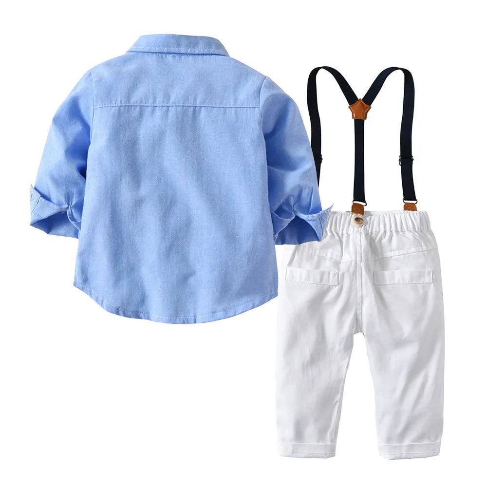 Boys blue gentleman bib pant suit with long sleeves and bow tie in Korean style