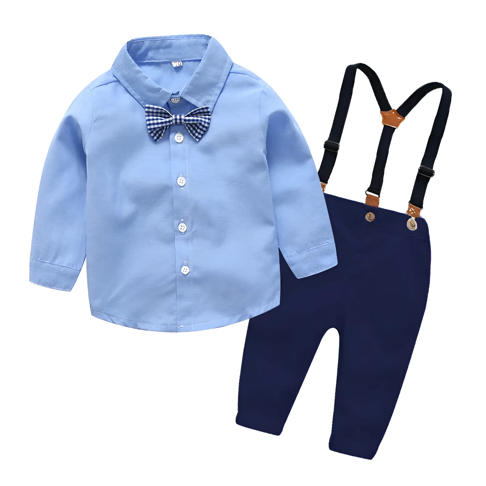 Boys blue gentleman bib pant suit with long sleeves and bow tie in Korean style