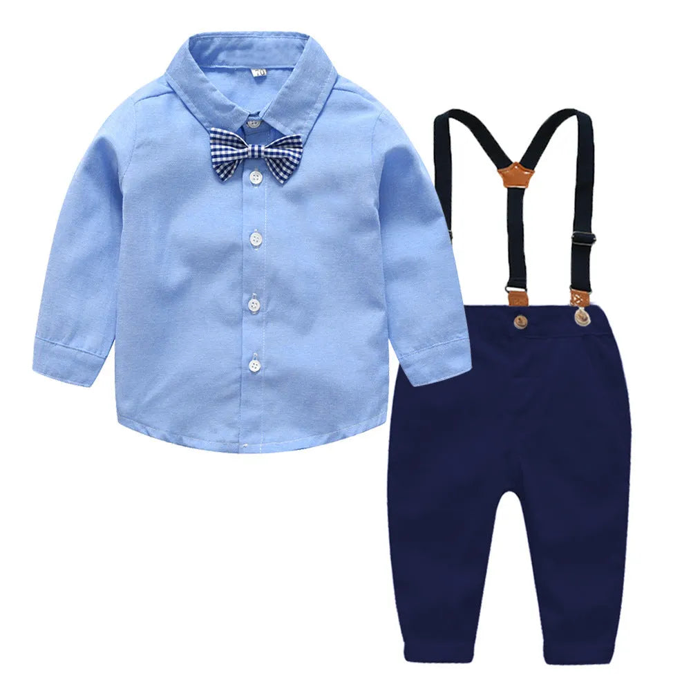 Boys blue gentleman bib pant suit with long sleeves and bow tie in Korean style
