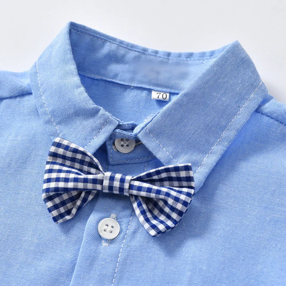 Boys blue gentleman bib pant suit with long sleeves and bow tie in Korean style