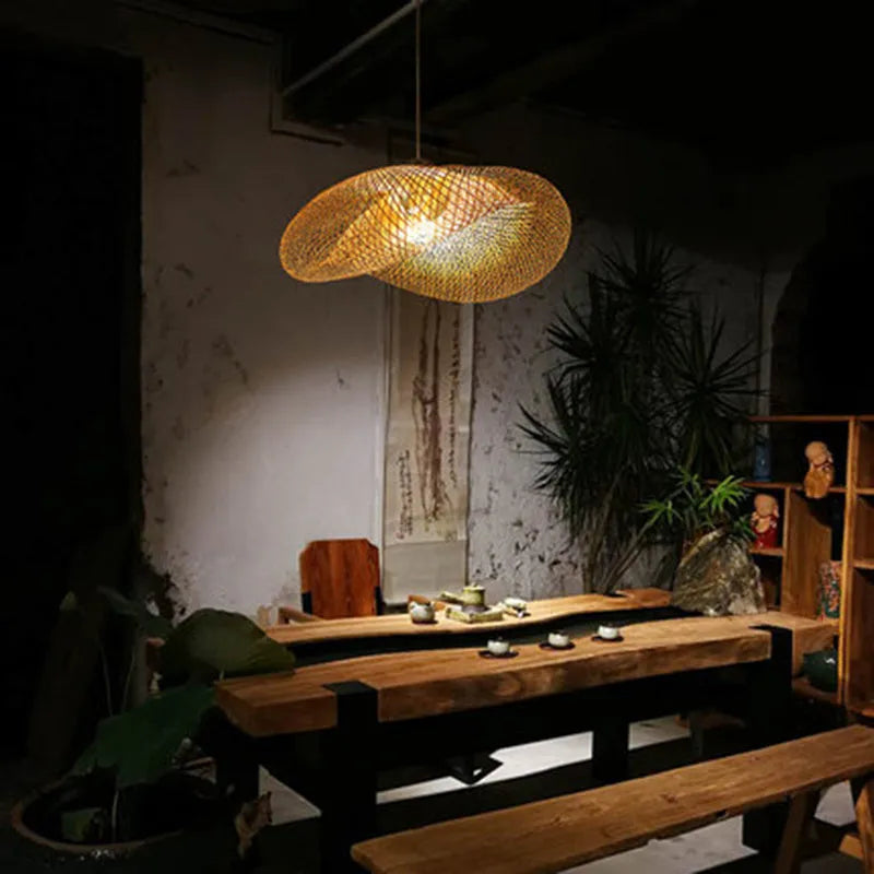 Chinese Zen style bamboo chandelier with a large 40cm diameter shell shade