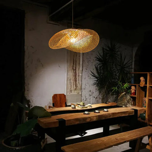 Chinese Zen style bamboo chandelier with a large 40cm diameter shell shade
