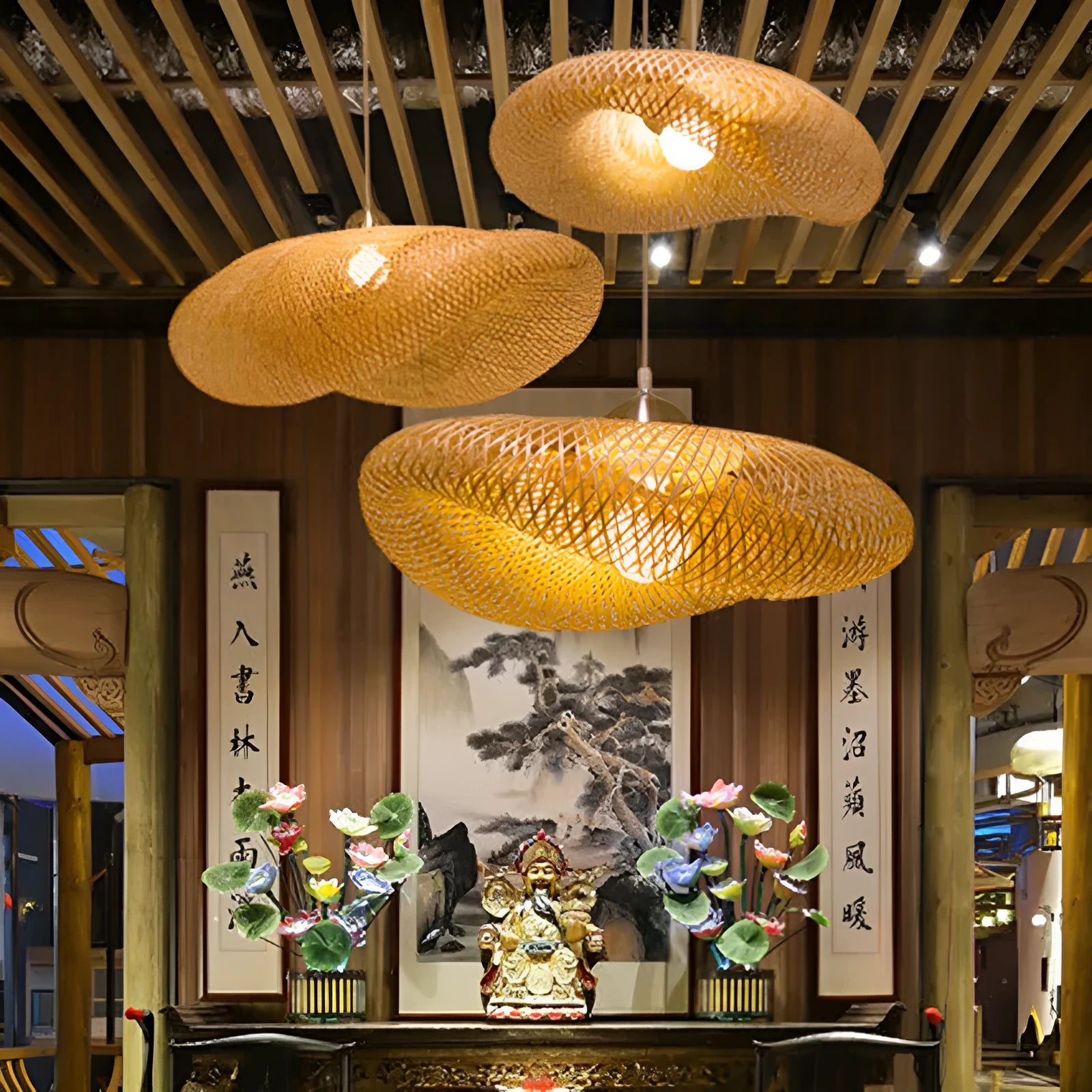 Chinese Zen style bamboo chandelier with a large 40cm diameter shell shade