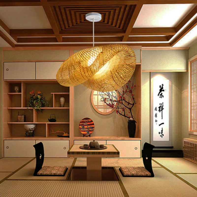 Chinese Zen style bamboo chandelier with a large 40cm diameter shell shade