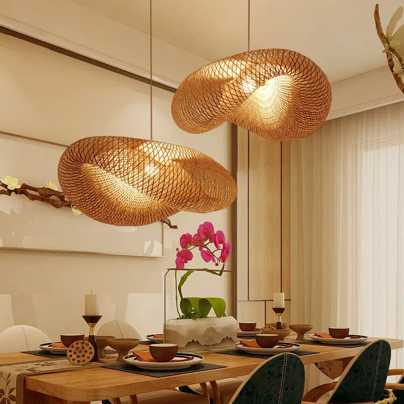 Chinese Zen style bamboo chandelier with a large 40cm diameter shell shade